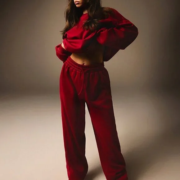 Burgundy Casual Women's Crew Neck Long Sleeve Top & Drawstring Pants Sports Set - Picture 5 of 7